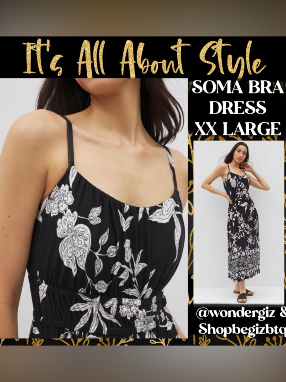 NWT Soma Soft Jersey Paradiso Midi Bra Dress In Peaceful Floral Black XX-LARGE